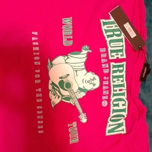 Hafe pink true religion shirt with green writing